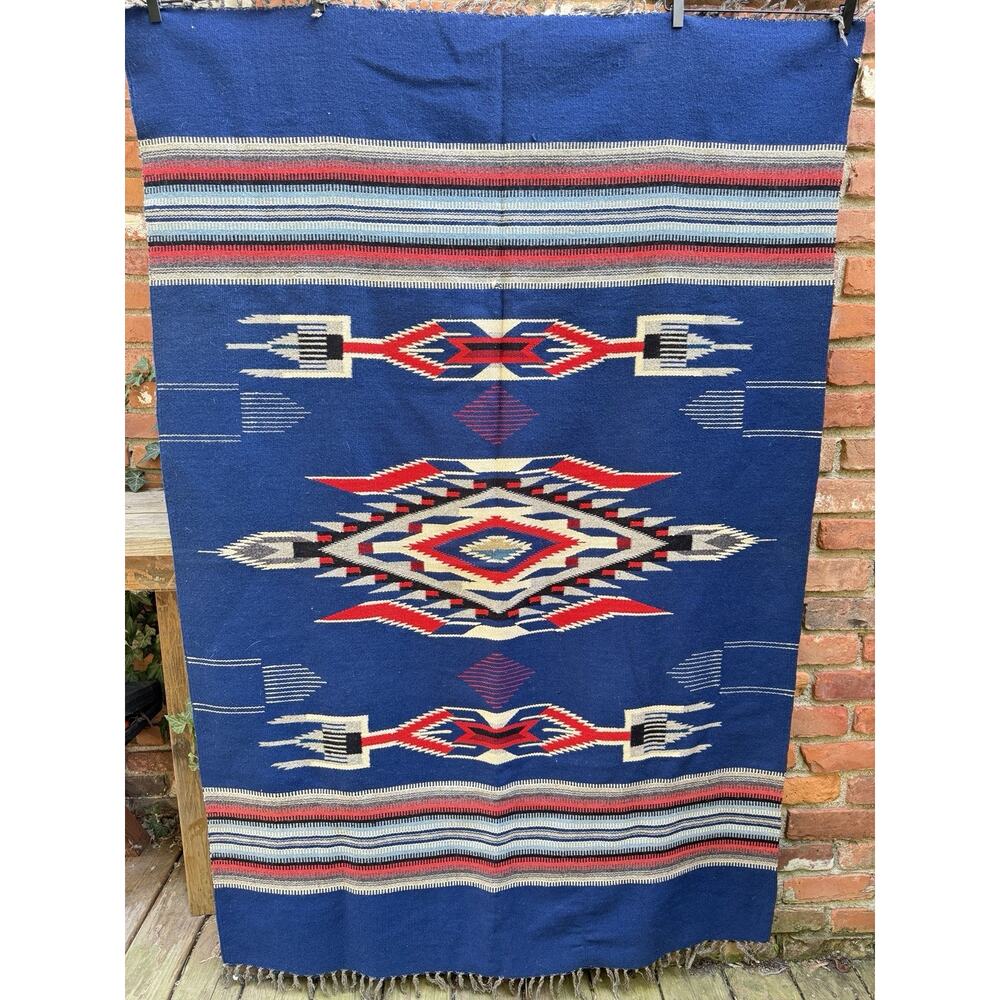 c.1949 Chimayo Navajo-Style Wool Rug Blanket 75×45 Handwoven Vintage Southwester